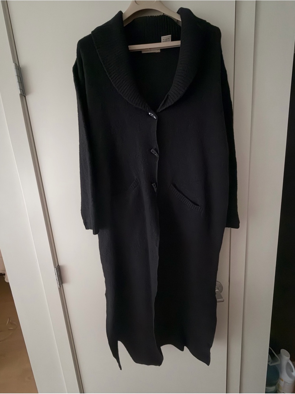 Long Black Shawl-Collar Button Sweater Coat